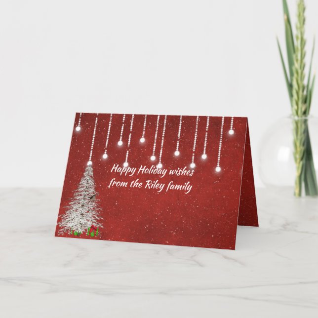 glowing Christmas lights on red with snowflakes Card (Front)