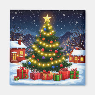 Glowing Christmas Tree In Snowy Village At Night Magnet