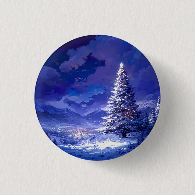 Glowing Christmas Tree Snowy Mountain Landscape 3 Cm Round Badge (Front)
