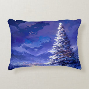 Glowing Christmas Tree Snowy Mountain Landscape Decorative Cushion