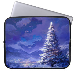 Glowing Christmas Tree Snowy Mountain Landscape Laptop Sleeve