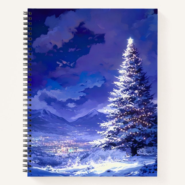 Glowing Christmas Tree Snowy Mountain Landscape Notebook (Front)