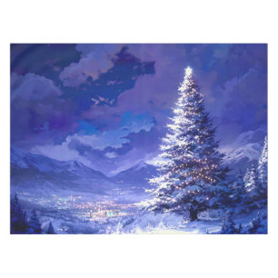 Glowing Christmas Tree Snowy Mountain Landscape Tablecloth
