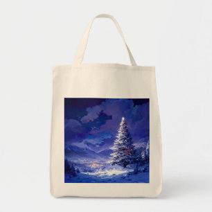 Glowing Christmas Tree Snowy Mountain Landscape Tote Bag
