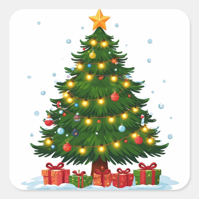 Glowing Christmas Tree With Red Gifts Underneath Square Sticker (Front)