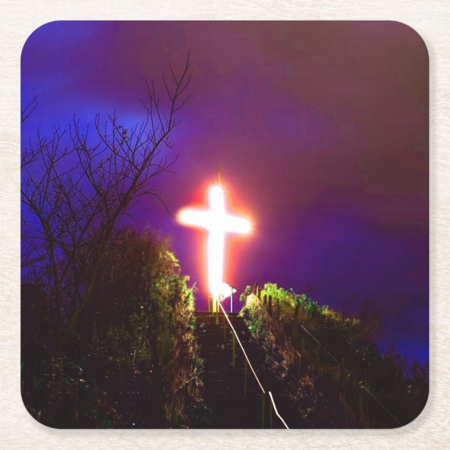 Glowing Cross At Night God Loves Square Paper Coaster (Front)