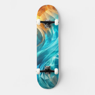 Glowing Cyan Orange Low Poly Wave Skateboard
