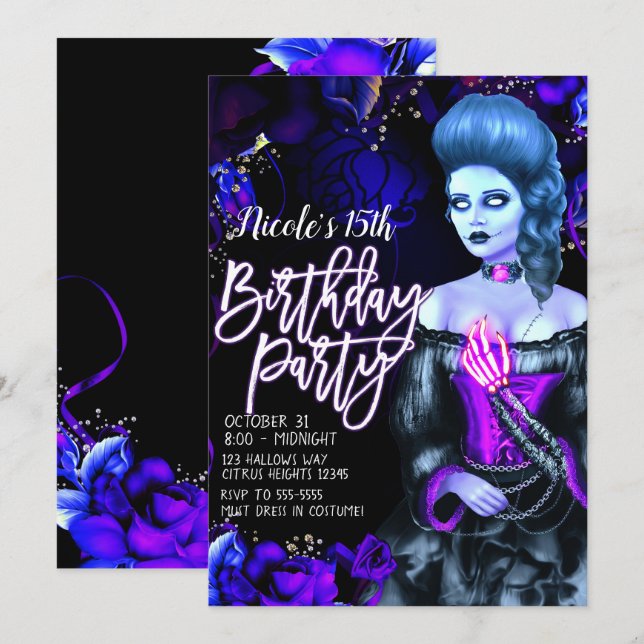 Glowing Dead Girl Purple Roses Birthday Party Invitation (Front/Back)