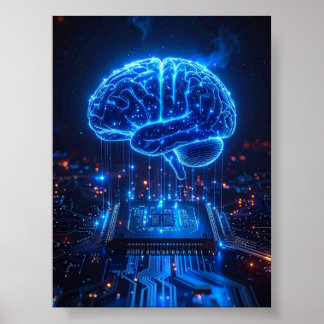 Glowing Digital Brain Poster - Tech Office Decor