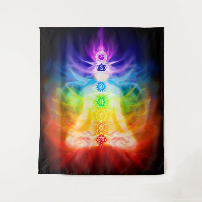 Glowing energy chakras of human body esoteric art tapestry (Front)
