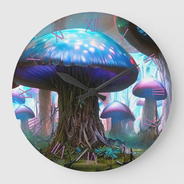 Glowing fantastic mushrooms large clock (Front)