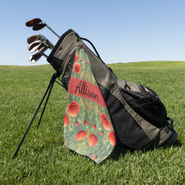 Glowing field of red poppies, personalizable  golf towel (Green)
