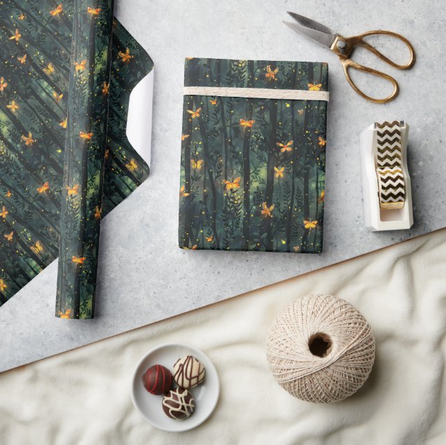 Glowing Fireflies in Enchanted Forest Night Illust Wrapping Paper (Crafts)