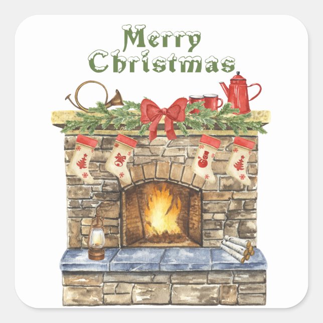 Glowing Fireplace Christmas Square Sticker (Front)