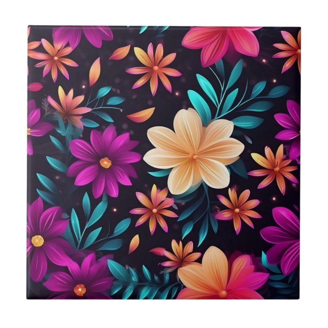 Glowing Floral Pattern with Neon Petals Tile (Front)