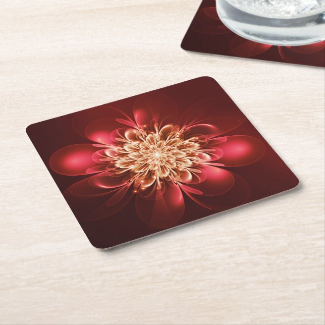 Glowing Flower Fractal Sparkles Red Square Paper Coaster (Angled)