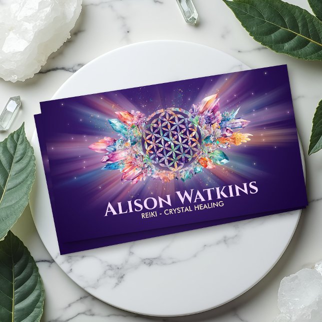 Glowing Flower of Life Healing Crystals Business Card (Creator Uploaded)