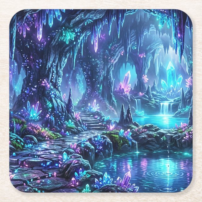 Glowing Forest with Lake Square Paper Coaster (Front)