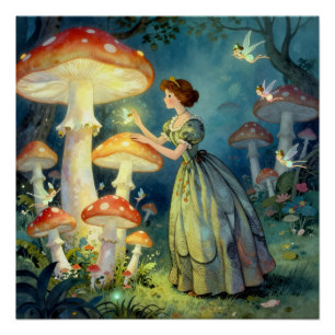 Glowing giant mushroom garden poster
