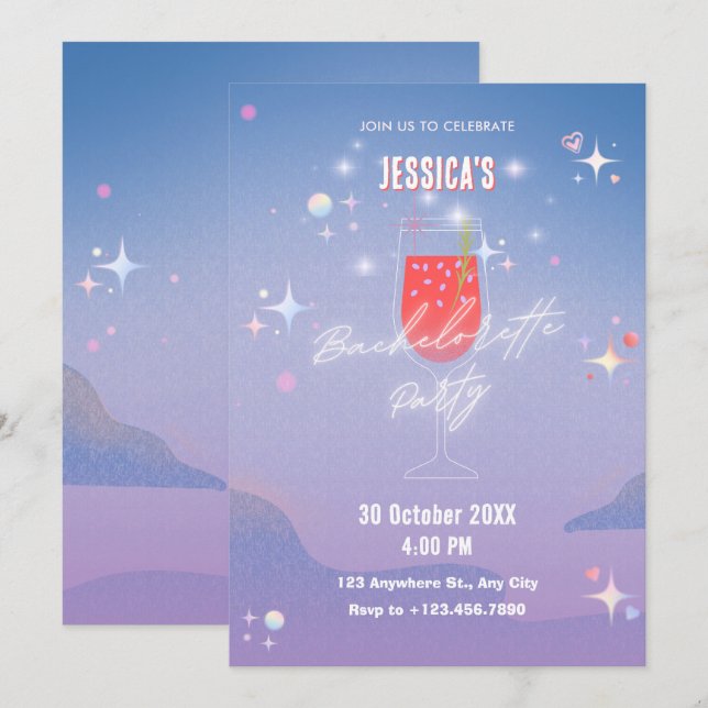 Glowing glass of cocktail bachelorette invitation (Front/Back)