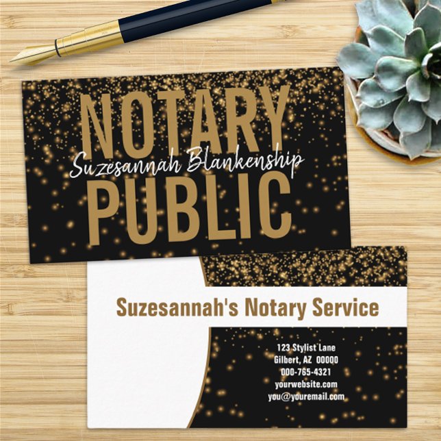 Glowing Gold Glitter On Black Custom Notary Business Card (Creator Uploaded)