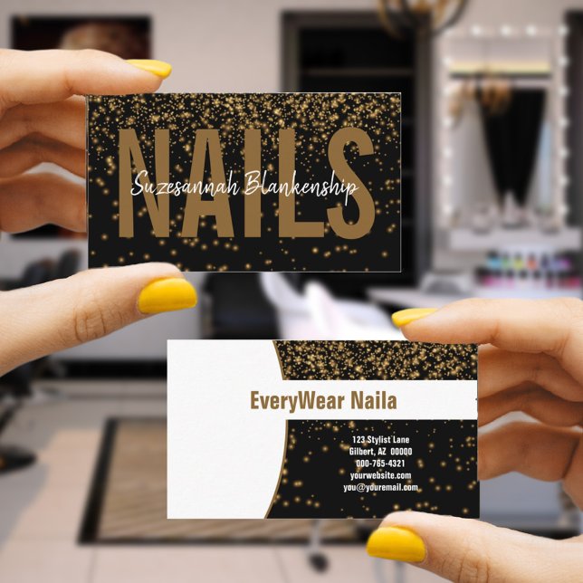Glowing Gold Glitter On Black Custom Professional Business Card (Simply add your business information for the front and back on this chic black and gold  card. )