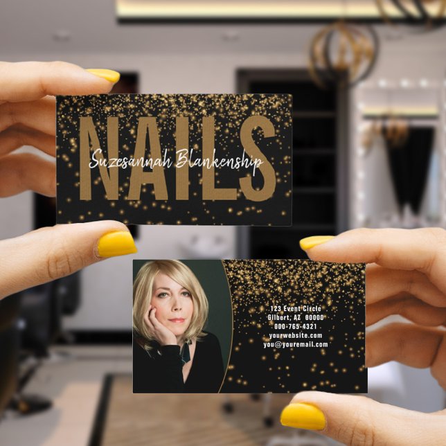  Glowing Gold Glitter Over Black Custom Photograph Business Card (This black and gold photo business card design offers double sided information for your business.)