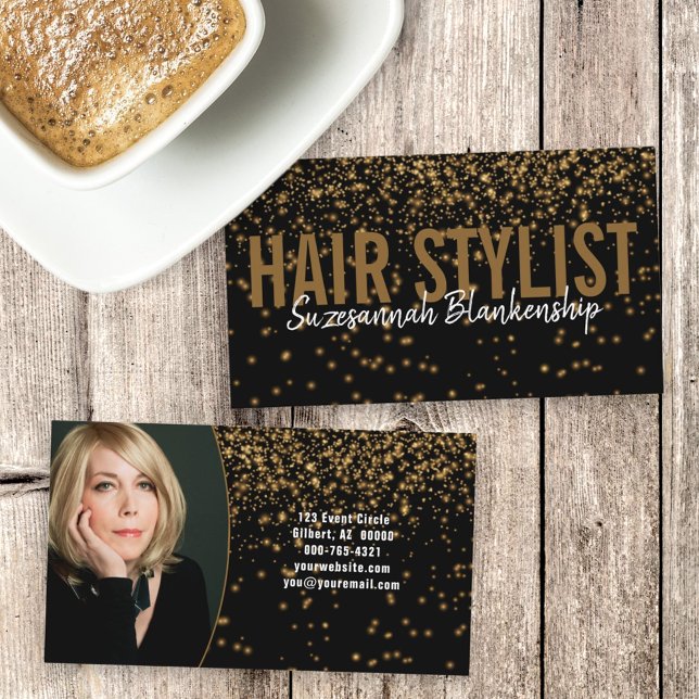  Glowing Gold Glitter Over Black Custom Photograph Business Card (front and back custom photo business card)