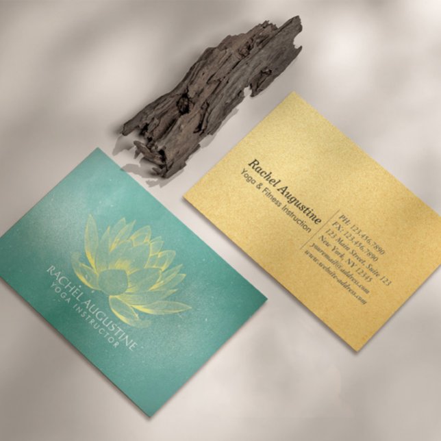 Glowing Gold Lotus and Teal Grunge Yoga Instructor Business Card (Creator Uploaded)