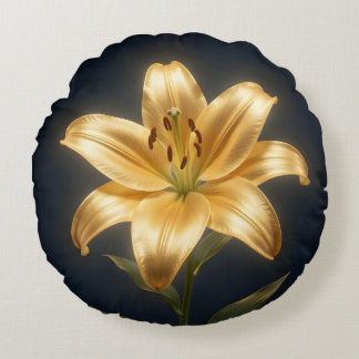 Glowing golden lily flower round cushion