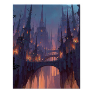 Glowing Gothic Spires in Misty Twilight Poster