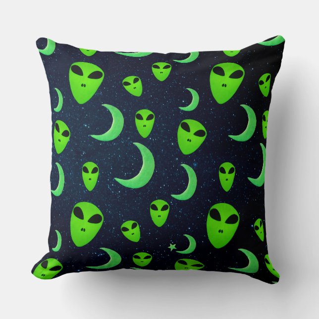 Glowing Green Aliens And Moons and Stars Cushion (Front)