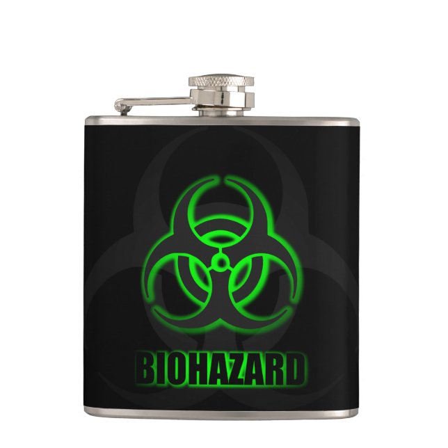 Glowing Green Biohazard Symbol Hip Flask (Front)