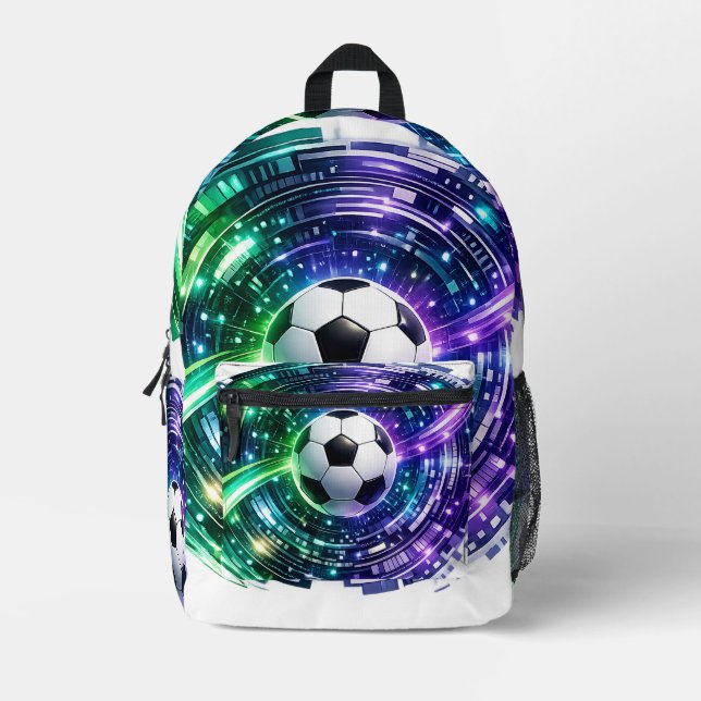 Glowing Green Purple Futuristic Soccer Ball Printed Backpack (Front)