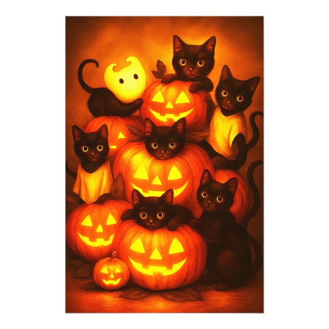 Glowing Halloween Pumpkin with Cute Black Cat Photo Print (Front)
