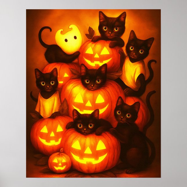 Glowing Halloween Pumpkin with Cute Black Cat Post Poster (Front)