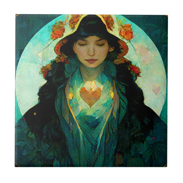 Glowing Heart Woman Fantasy Sci-Fi Tile (Front)