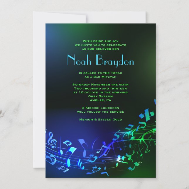 Glowing Hebrew Letters & Notes Mitzvah Invitation (Front)