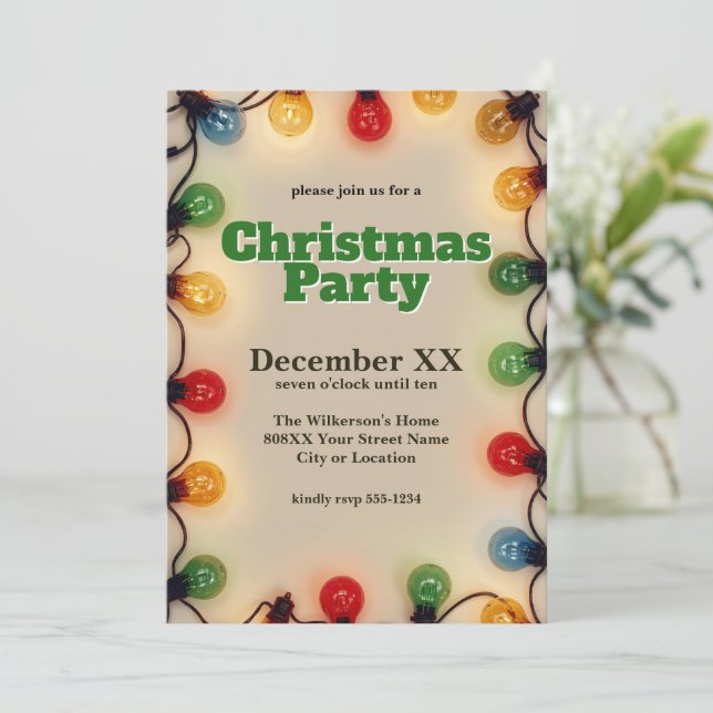 Glowing Holiday Lights Christmas Party Invitation (Standing Front)
