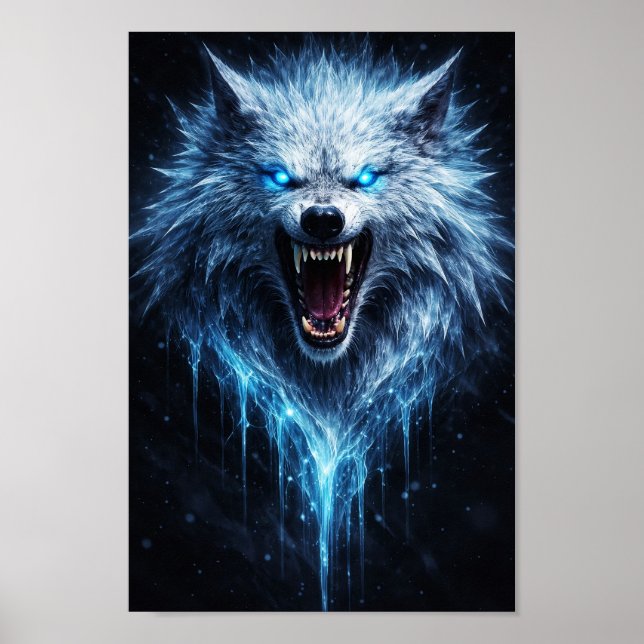 Glowing Ice Wolf Snarling Beast Poster (Front)