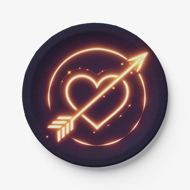 glowing image of a heart with cupid's arrow paper plate (Front)