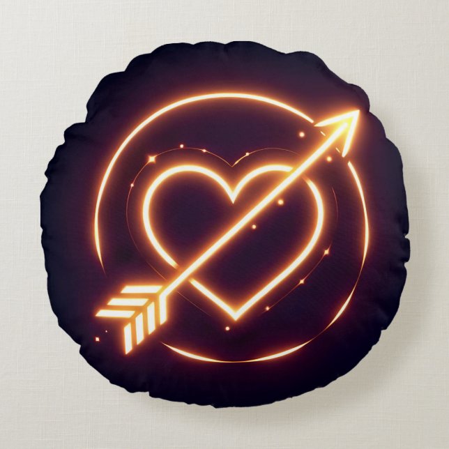 glowing image of a heart with cupid's arrow round cushion (Front)