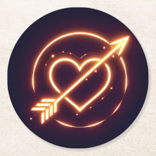glowing image of a heart with cupid's arrow round paper coaster