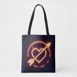 glowing image of a heart with cupid's arrow tote bag