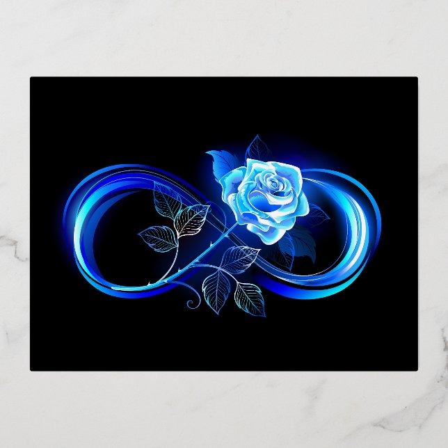 Glowing infinity with blue rose foil holiday postcard (Front)