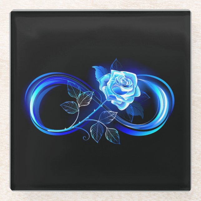 Glowing infinity with blue rose glass coaster (Front)