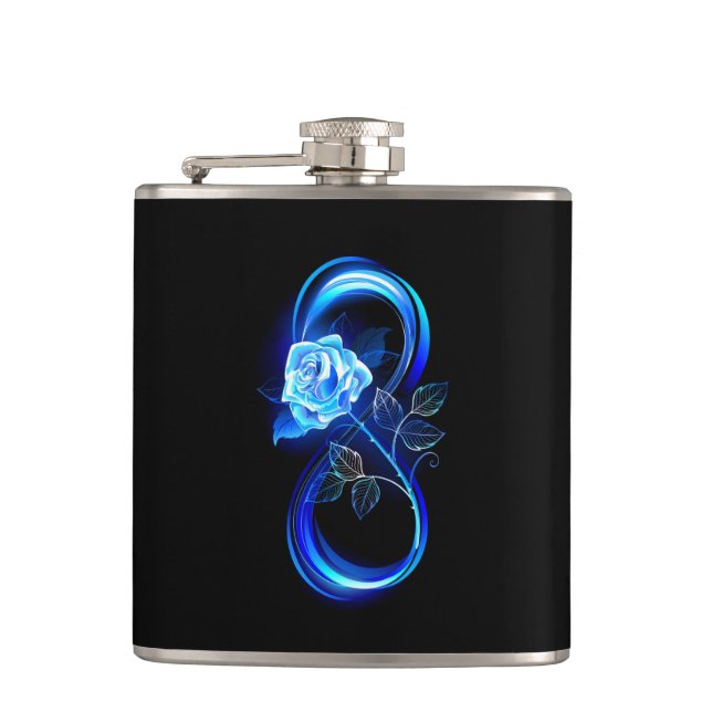 Glowing infinity with blue rose hip flask (Front)