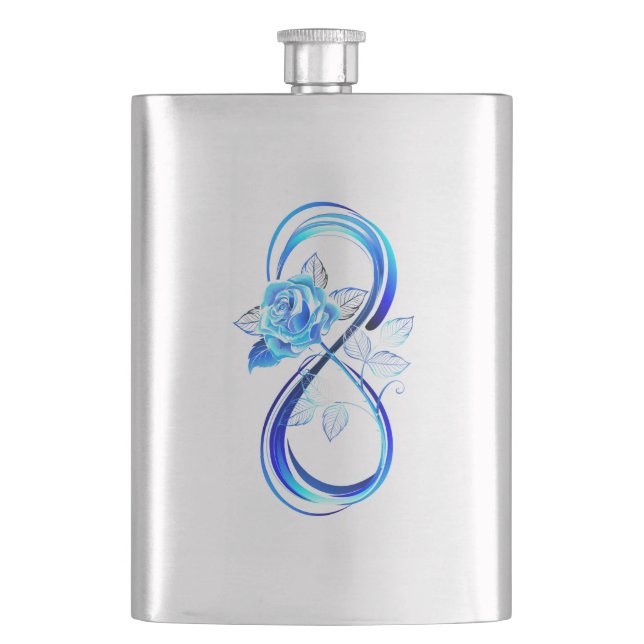 Glowing infinity with blue rose hip flask (Front)