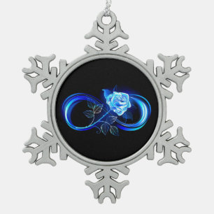 Glowing infinity with blue rose snowflake pewter christmas ornament