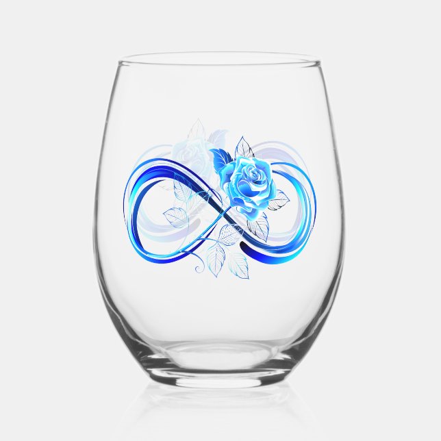 Glowing infinity with blue rose stemless wine glass (Front)